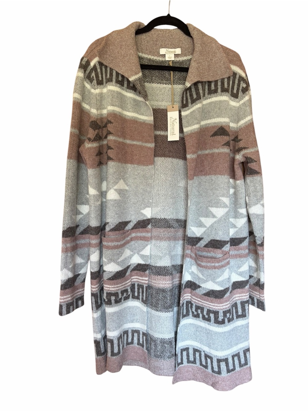 Boho Southwestern Aztec Open Front Cardigan Sweater in Dusty Rose, Gray, White